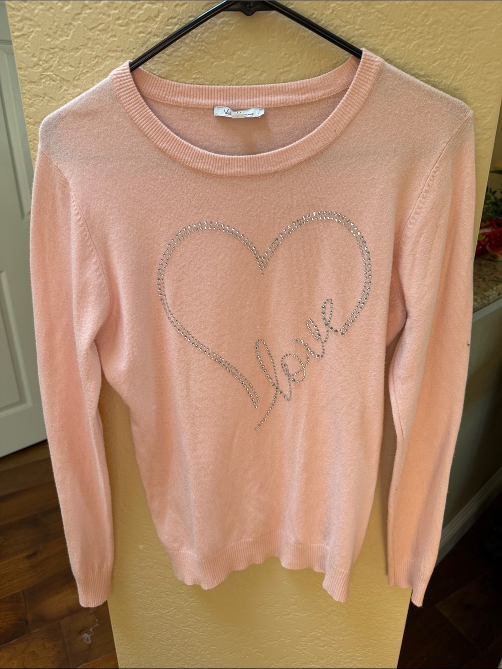 Milano Soft Pink Crewneck Sweater with Crystal Heart & 'love' Script